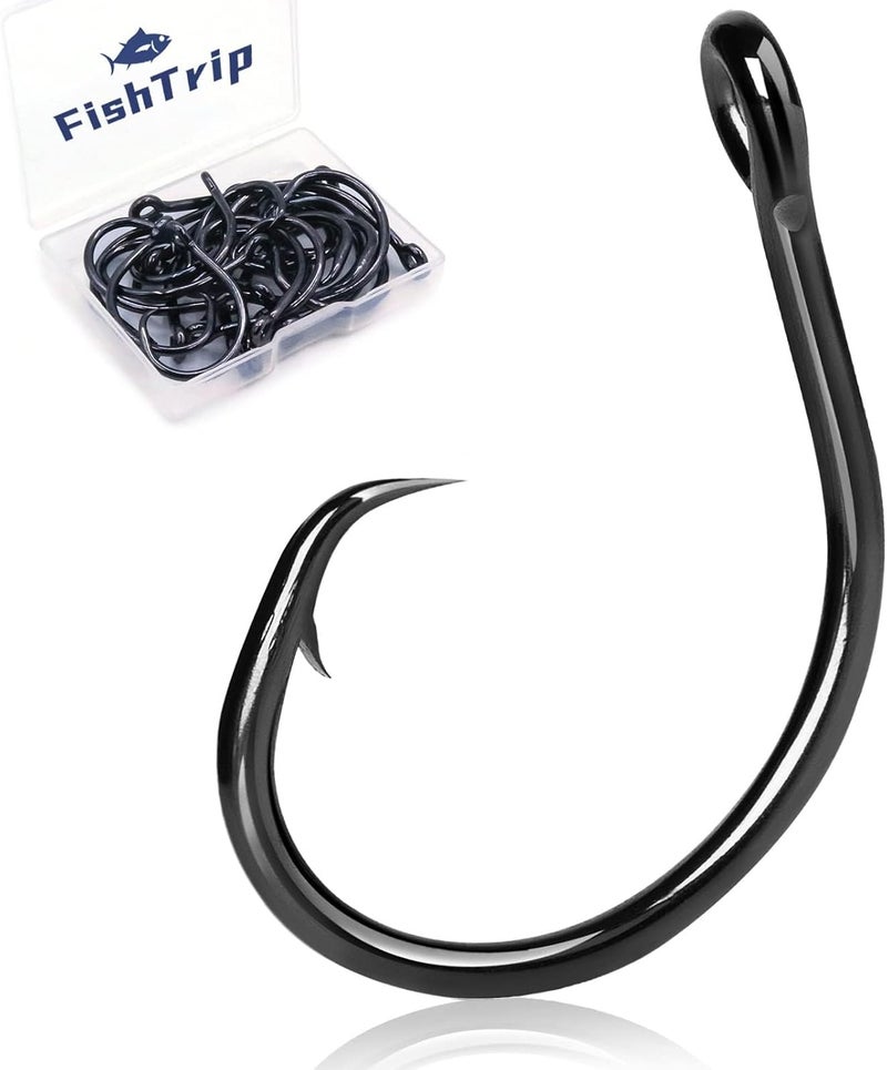 FishTrip Circle Hooks Saltwater,in-Line Fishing Hooks 5X Strong for Catfish 25pcs,Black/High Carbon Steel/Non-Offset/Closed Eye/Wide Gap for Striped Bass Salmon - Image 1